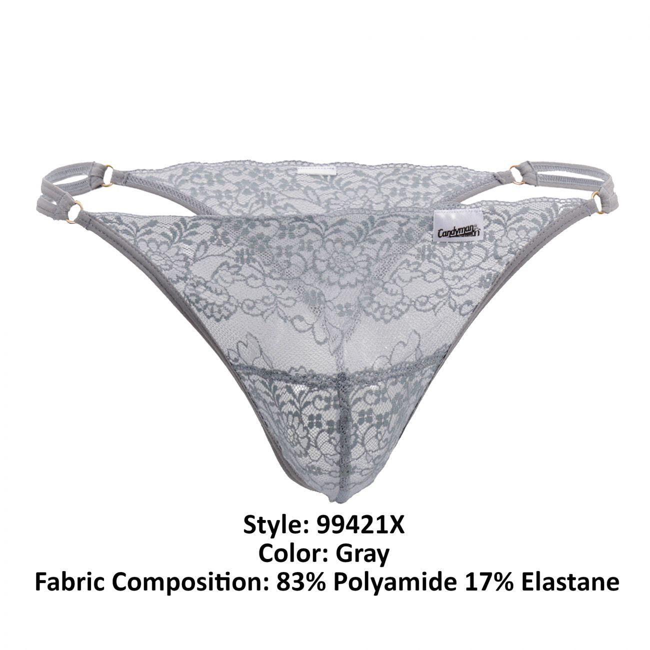 Gray lace thong with floral pattern and adjustable straps candyMan 99421X lace G-string thong in gray