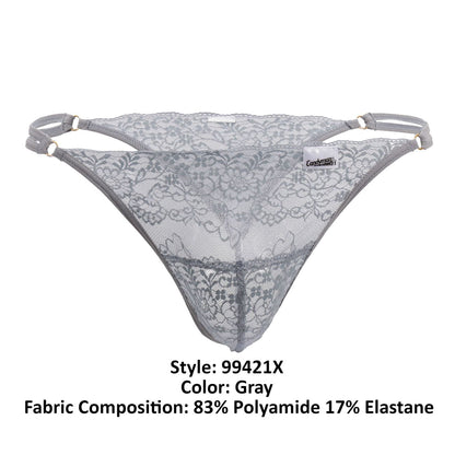 Gray lace thong with floral pattern and adjustable straps candyMan 99421X lace G-string thong in gray