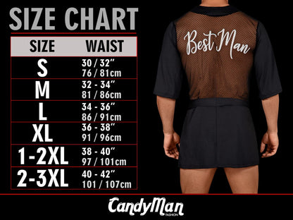 Black mesh vest with best man scripted in white worn over black shirt and shorts paired with gray Candyman lace g-string thong