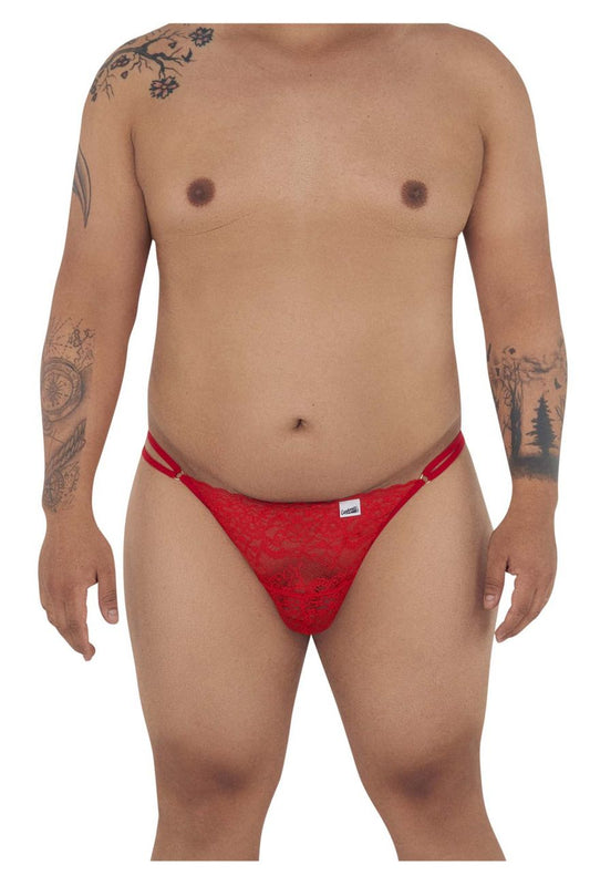 Red lace thong g-string with small white brand tag on waistband from candyman 99421x collection