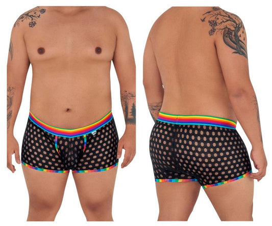 CandyMan 99511X black mesh boxer briefs with polka dot pattern and rainbow trim for stylish comfort