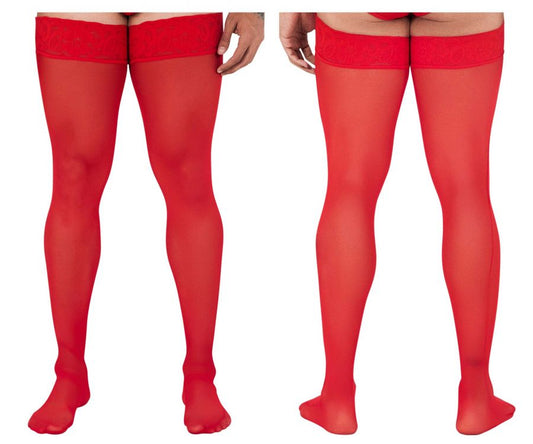 Red CandyMan 99533 mesh thigh highs featuring sheer fabric and a solid elastic band at the top