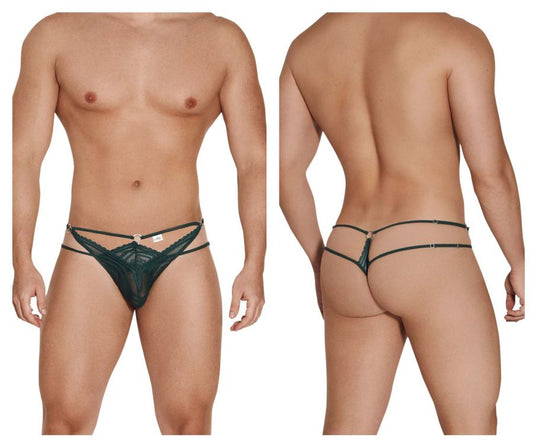 Dark green lace thong CandyMan 99547 double thongs with multiple straps and central metallic clasp front view