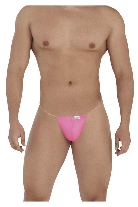 Bright pink thin-strap jockstrap with small white label front candyMan 99548 invisible micro thongs hot pink