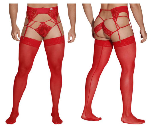 Red lace thigh-high stockings with matching garter belt in candyMan 99550 lace garter-jockstrap outfit red