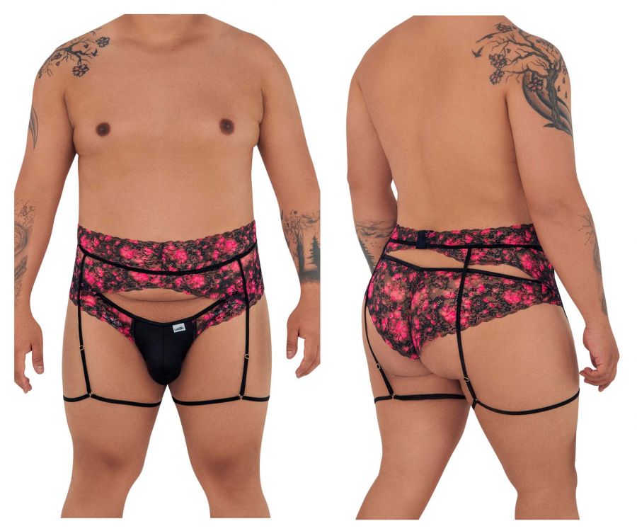 CandyMan 99576X black and pink floral lace garter belt with matching thong for elegant lingerie wear