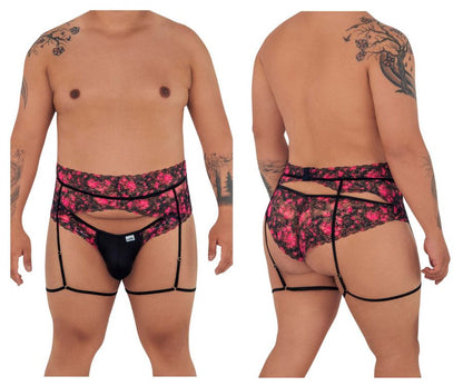 CandyMan 99576X black and pink floral lace garter belt with matching thong for elegant lingerie wear