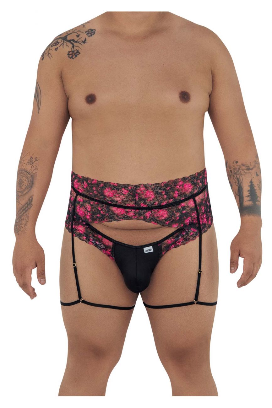 CandyMan 99576X black lace garter belt with pink floral print and adjustable straps for lingerie use