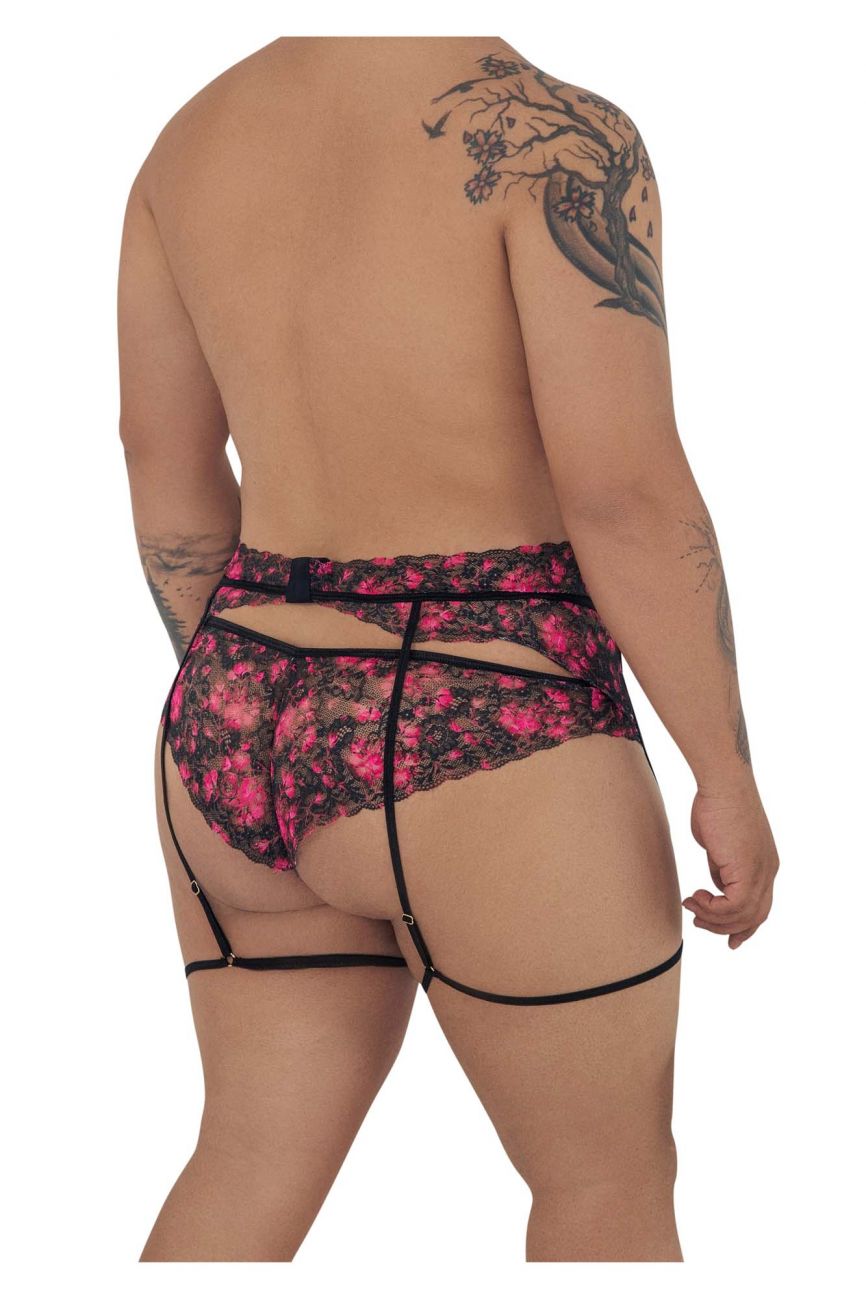Black and pink floral lace garter belt with matching straps from candyman 99576x lace garter thongs collection
