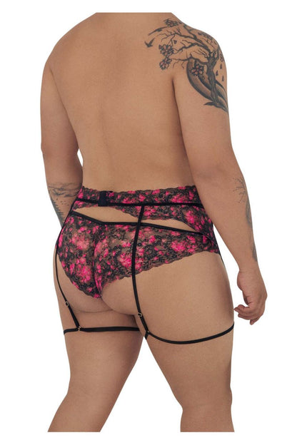 Black and pink floral lace garter belt with matching straps from candyman 99576x lace garter thongs collection