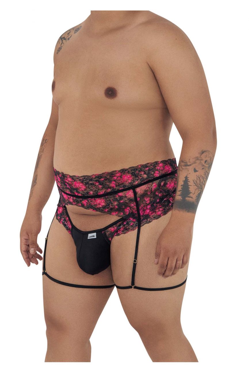 Black lace-trimmed CandyMan 99576X lace garter thongs with pink floral pattern and adjustable straps