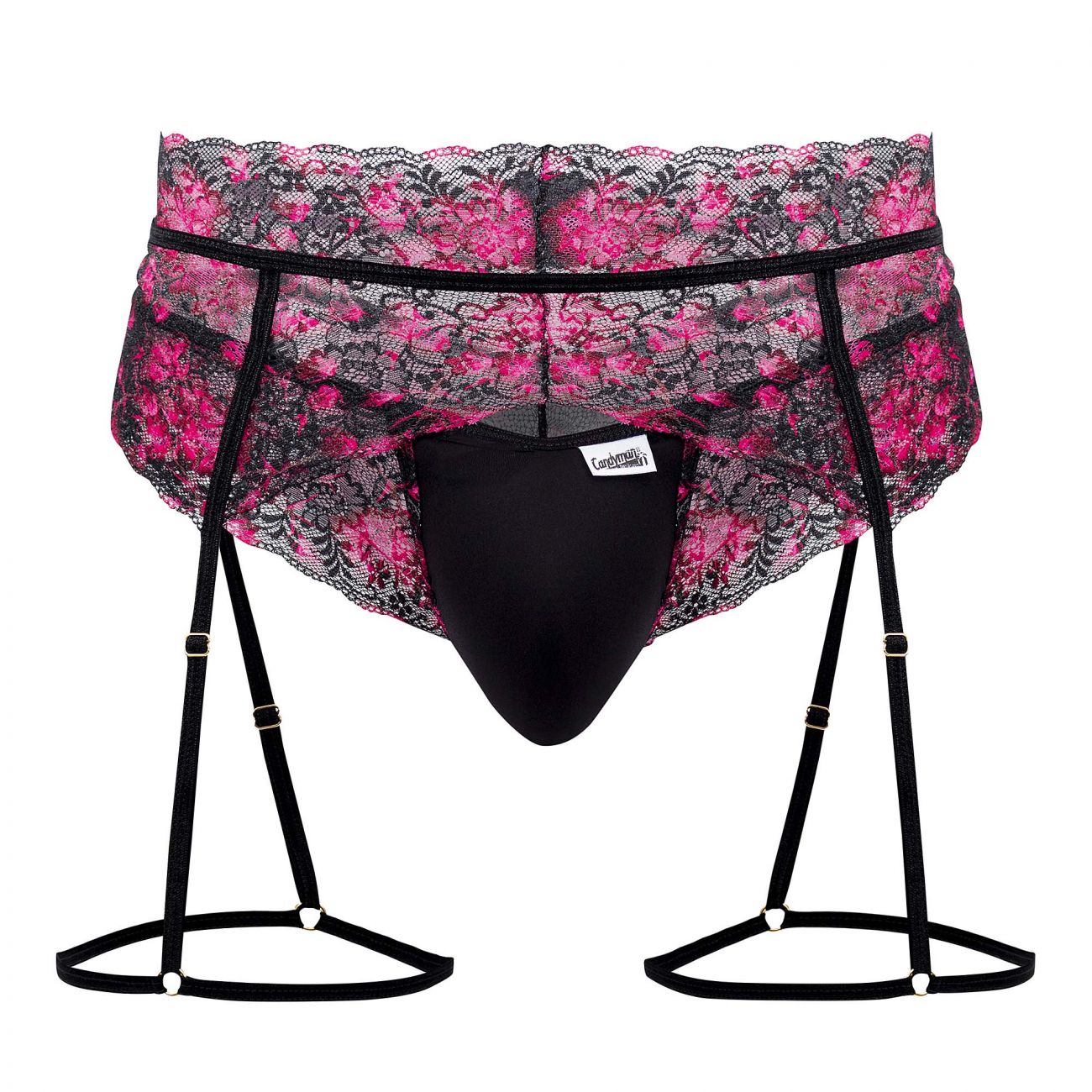 Black lace suspenders with pink floral pattern and black elastic straps from candyman 99576x lace garter thongs