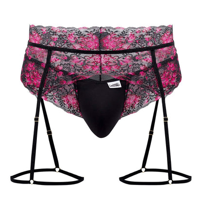 Black lace suspenders with pink floral pattern and black elastic straps from candyman 99576x lace garter thongs