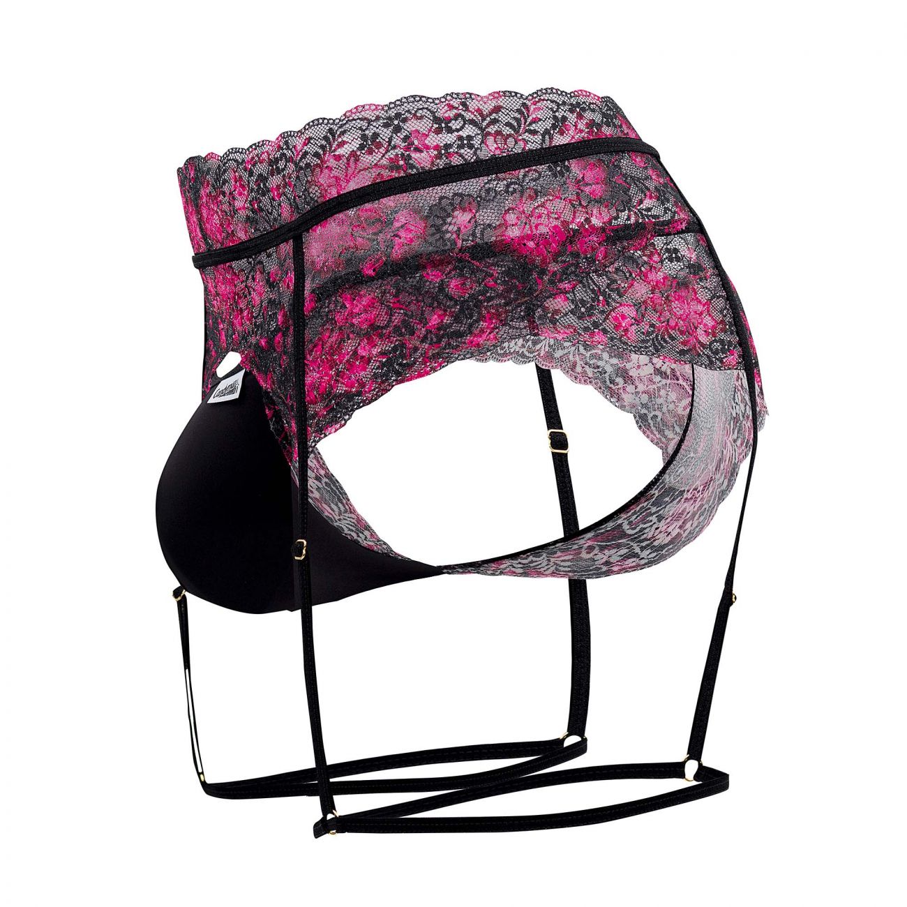 CandyMan 99576X black lace garter thongs with vibrant pink floral patterns and delicate scalloped edges