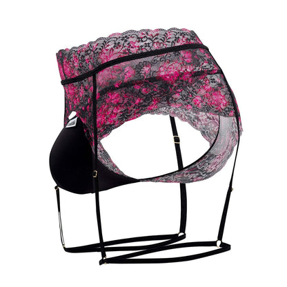 CandyMan 99576X black lace garter thongs with vibrant pink floral patterns and delicate scalloped edges