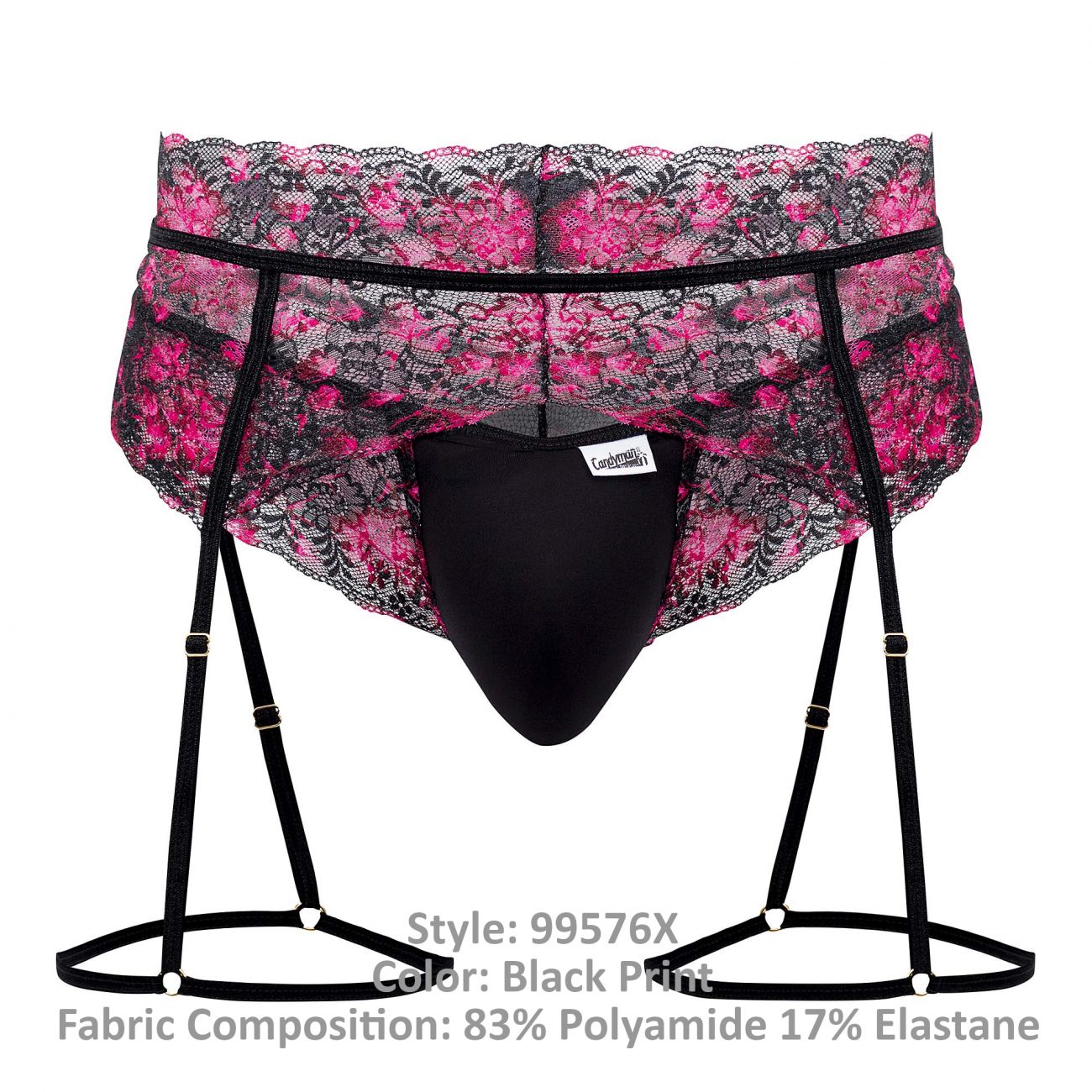 Black lace-trimmed men’s briefs with pink floral print and adjustable suspenders candyMan 99576X lace garter thongs