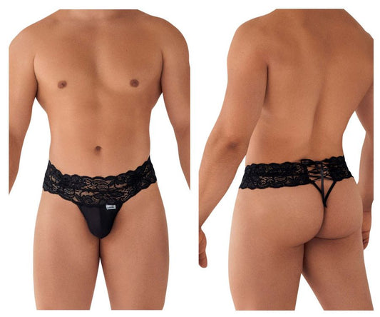 Black lace thong candyMan 99595 featuring a decorative front panel and back tie design in black lace material