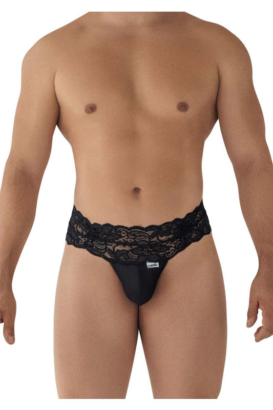 Black lace-trimmed CandyMan 99595 men’s thong with sleek, form-fitting design in black lace fabric visible from the front
