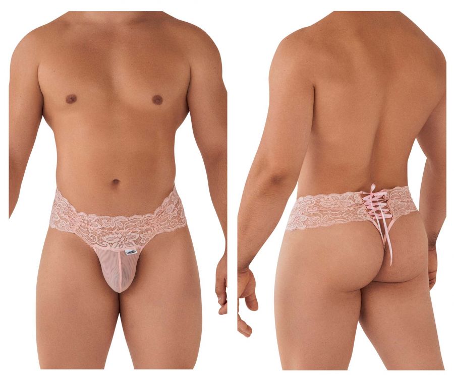 CandyMan 99595 lace thong in rose with sheer mesh front and back and delicate floral embroidery waistband