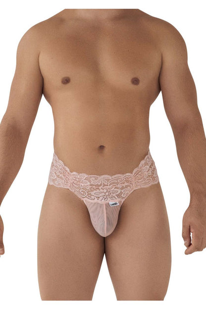 CandyMan 99595 lace thong in rose with delicate pink lace trim sheer mesh and intricate floral waistband pattern