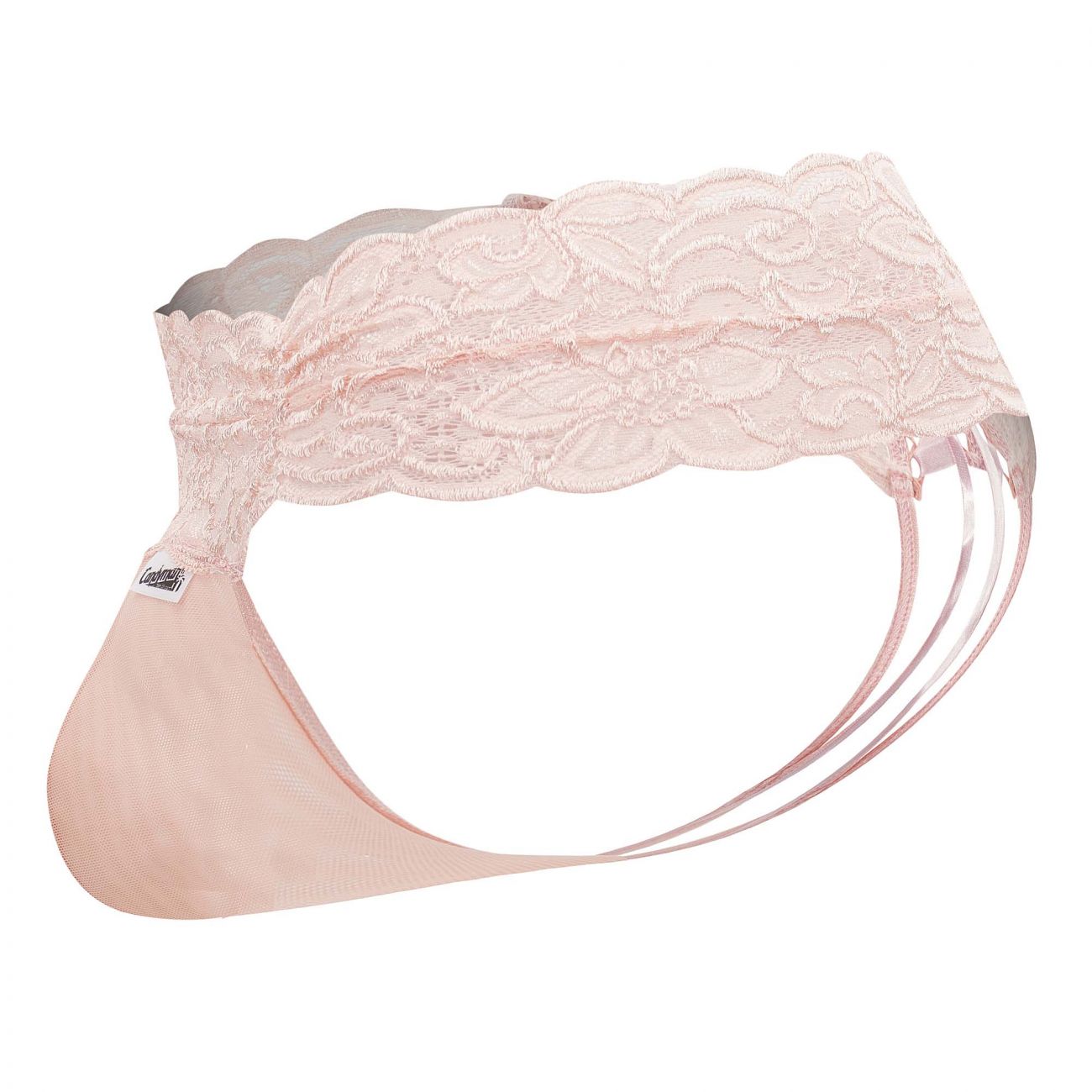 CandyMan 99595 lace thong in rose color featuring delicate pink lace with scalloped edge and thin translucent straps