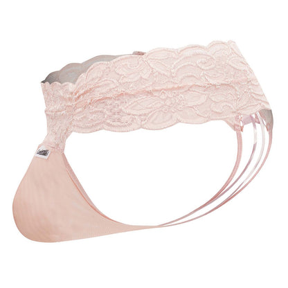 CandyMan 99595 lace thong in rose color featuring delicate pink lace with scalloped edge and thin translucent straps