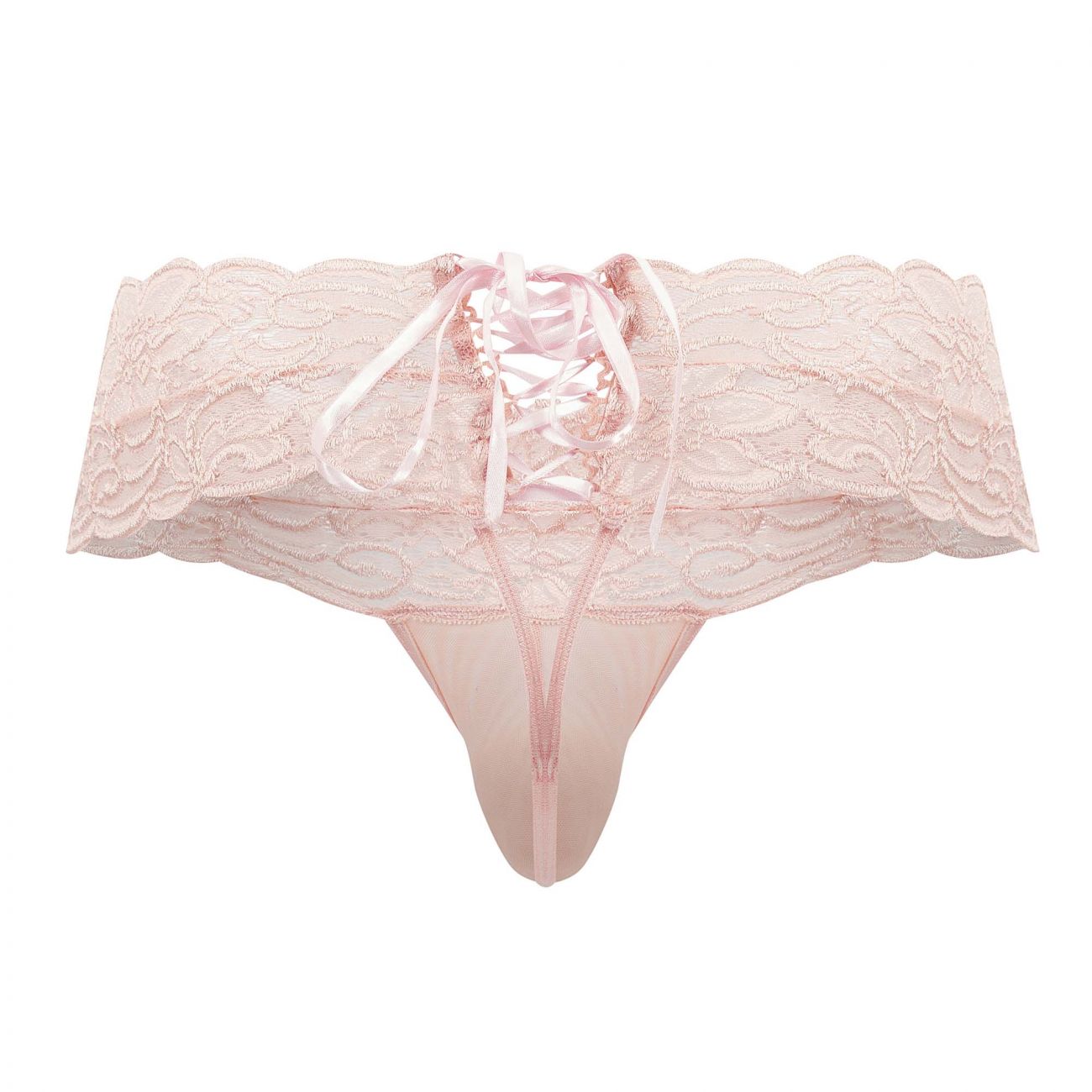 Pink lace thong candyMan 99595 with delicate scalloped edge and matching rose satin ribbon lacing