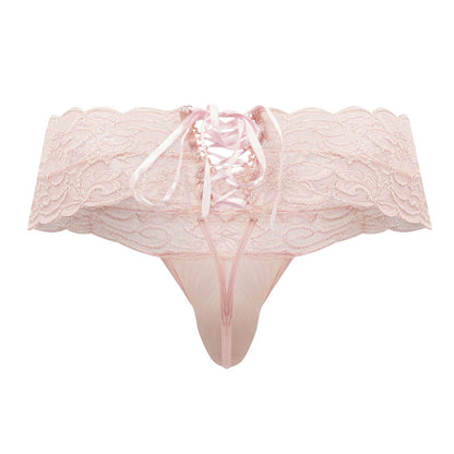 Pink lace thong candyMan 99595 with delicate scalloped edge and matching rose satin ribbon lacing