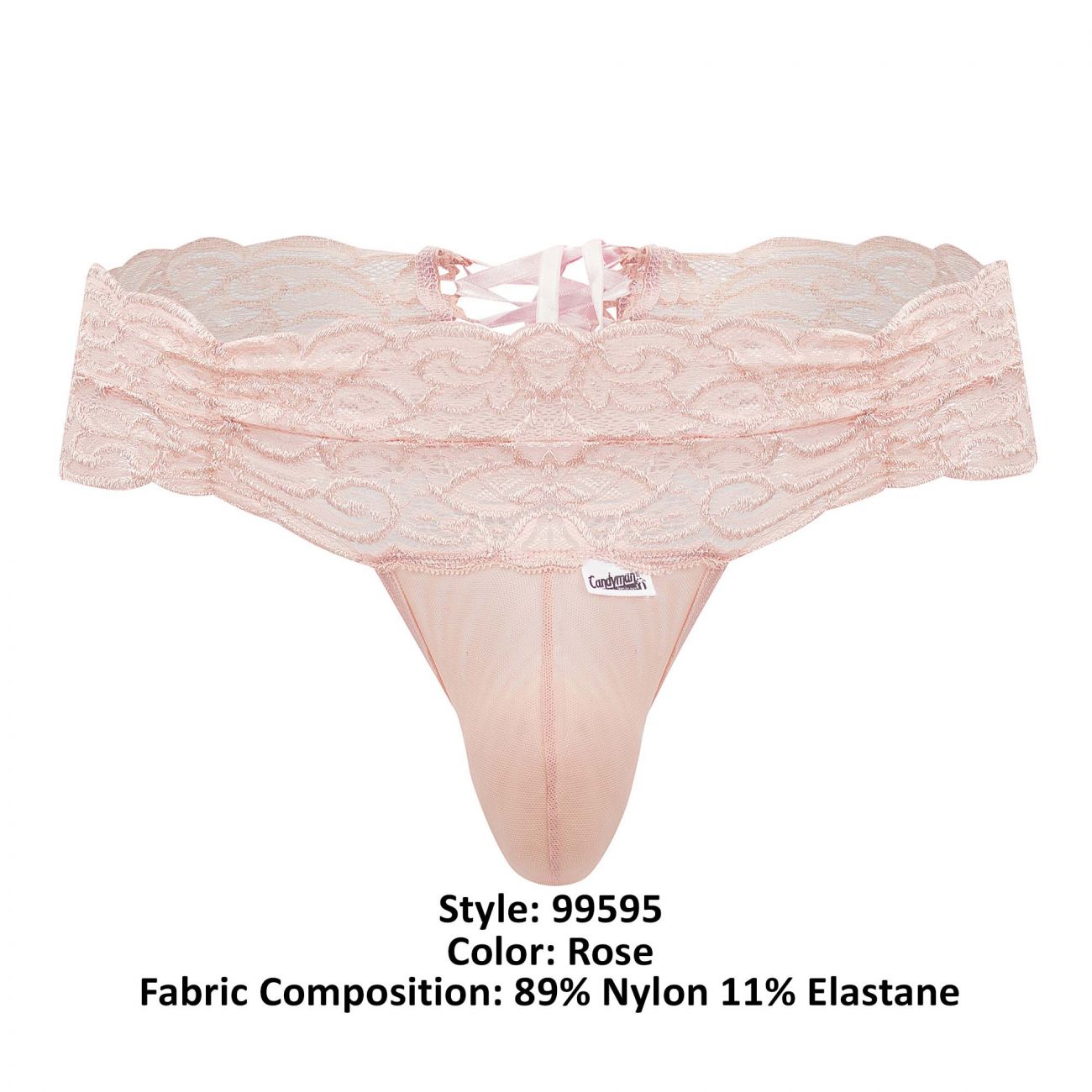 Rose-colored candyMan 99595 lace thong made of sheer nylon and elastane blend showing front view