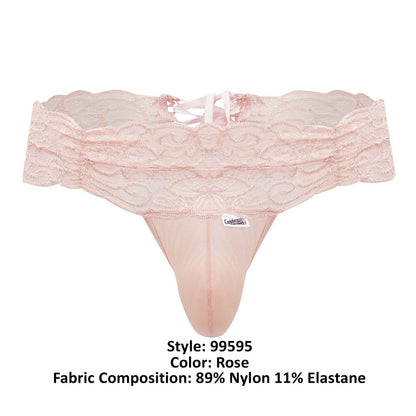 Rose-colored candyMan 99595 lace thong made of sheer nylon and elastane blend showing front view