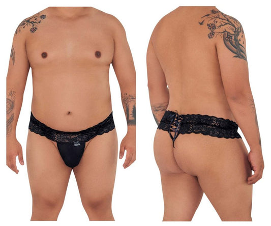 Black lace thong candyMan 99595X with scalloped edge and adjustable tie-back design shown from the back side