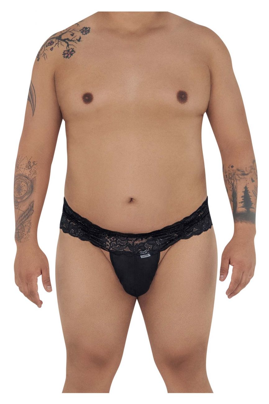 CandyMan 99595X black lace thong with lace trim and small brand logo on front for intimate wear
