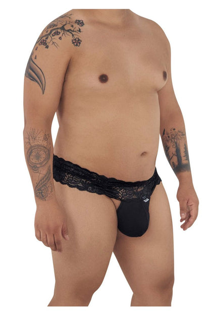 Black lace-trimmed men’s thong candy man 99595x with solid black pouch and delicate lace details