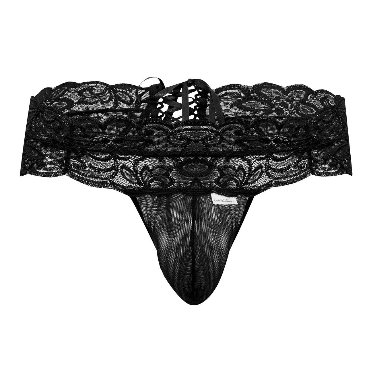 Black lace thong candyMan 99595X with intricate floral patterns and mesh front in color black