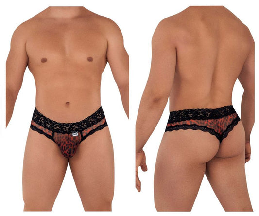Black lace-trimmed leopard print mesh lace thong by candyman shown from the front in a bold animal pattern