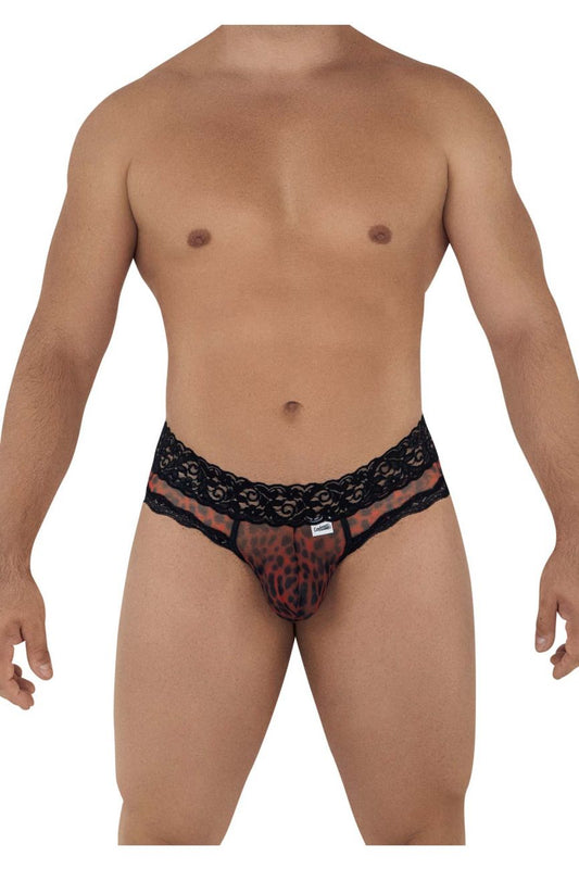 Black lace-trimmed men’s briefs with sheer leopard-print mesh front from candyman 99596 mesh-lace thongs