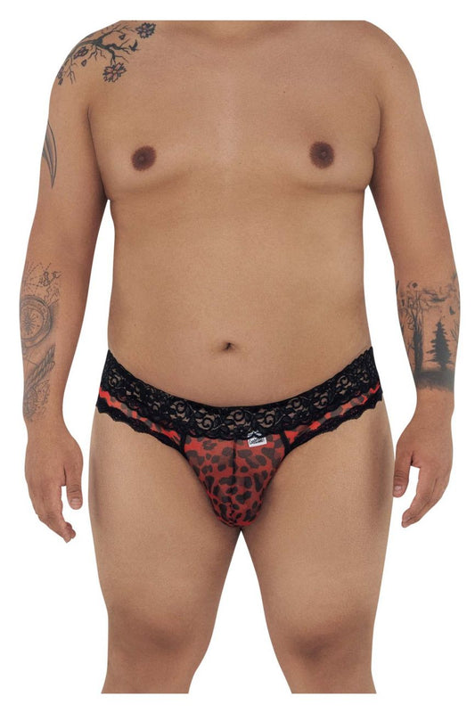 Red leopard-print mesh lace briefs with black trim from candyman designed for a bold intimate look