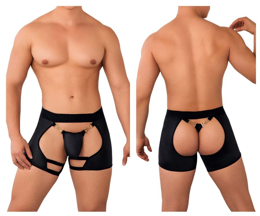 Black CandyMan 99637 chaps thongs briefs with gold-tone metal accents and cut-out design