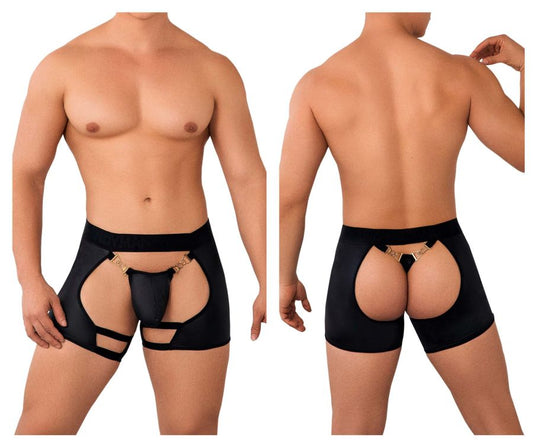 Black CandyMan 99637 chaps thongs briefs with gold-tone metal accents and cut-out design