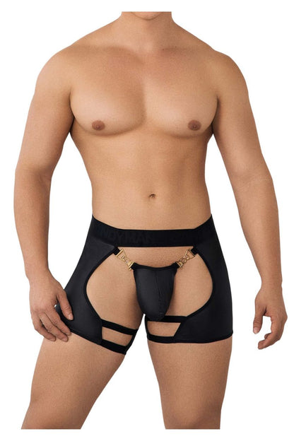 Black CandyMan 99637 chaps thongs with gold metal clasps and cut-out detailing in form-fitting design