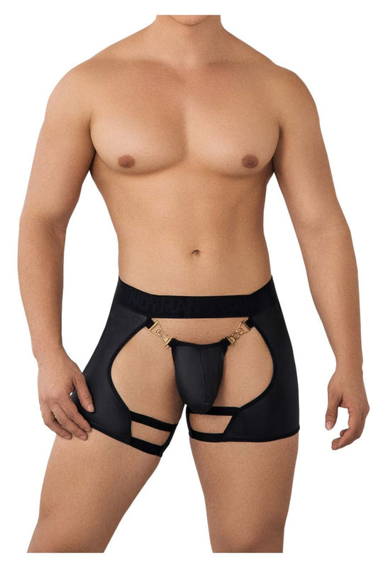 Black CandyMan 99637 chaps thongs with gold metal clasps and cut-out detailing in form-fitting design