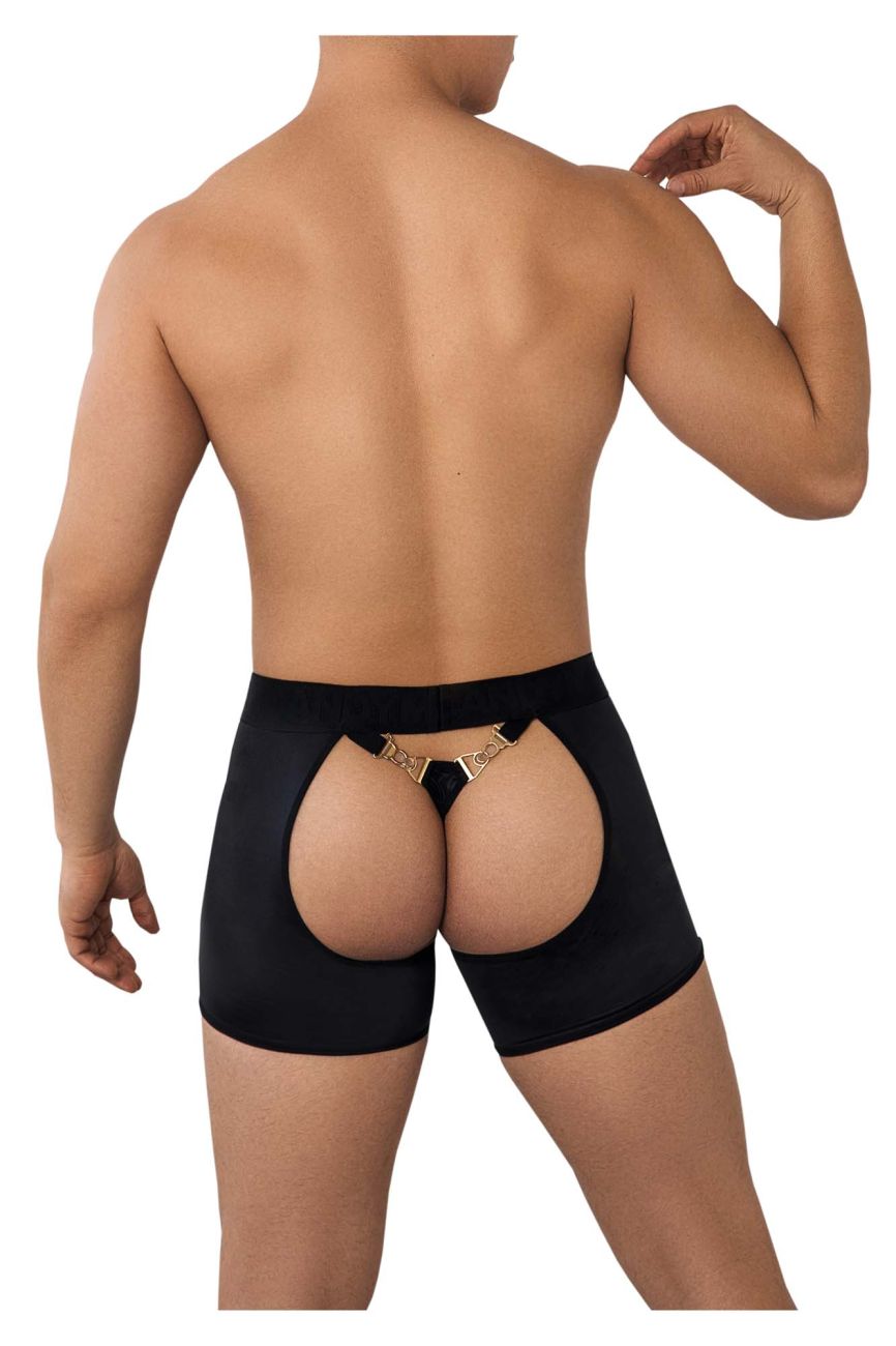 Black candyman 99637 chaps thong briefs with high waist and gold tone metallic clasp shown from the back