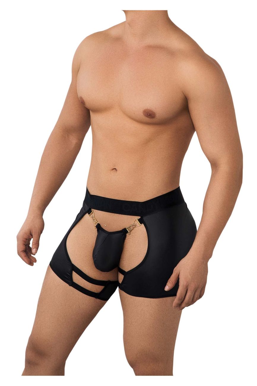 Black CandyMan 99637 chaps thongs with gold-tone metal clasps and cutout design in men’s briefs style