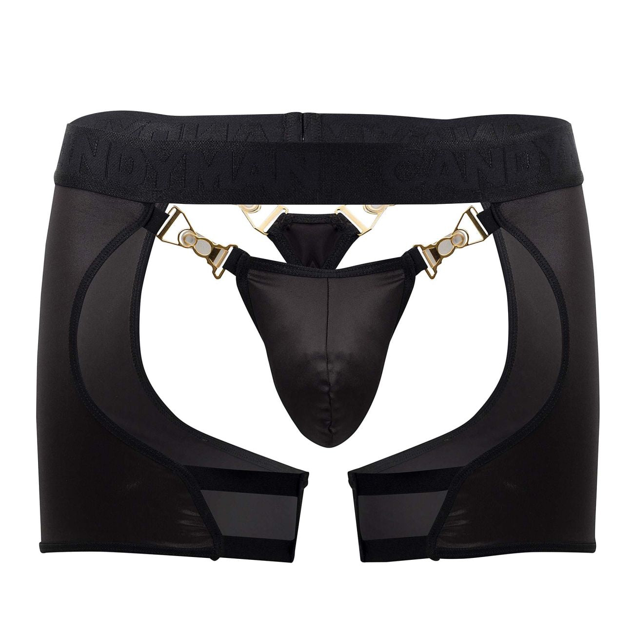 Black sheer mesh garter belt with gold-tone metal clasps and matching black thong candyMan 99637 chaps thongs black