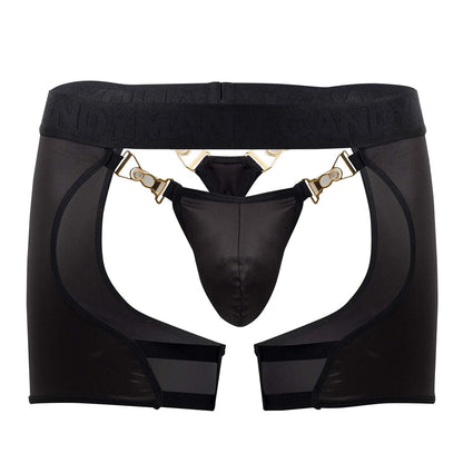 Black sheer mesh garter belt with gold-tone metal clasps and matching black thong candyMan 99637 chaps thongs black