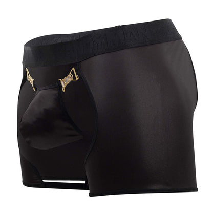 Black satin CandyMan 99637 chaps thongs with gold-tone metal clasps and textured waistband front view