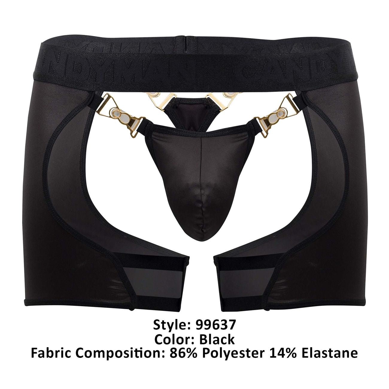 Black candyman 99637 chaps thongs with sheer mesh overlay and gold-tone metal clasps and hardware accents