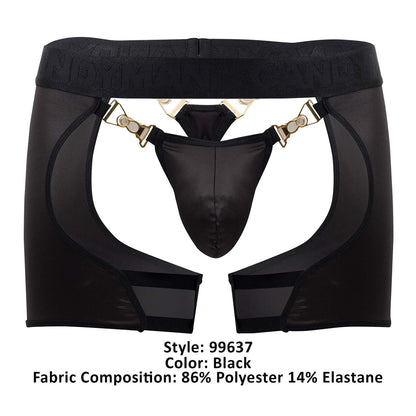 Black candyman 99637 chaps thongs with sheer mesh overlay and gold-tone metal clasps and hardware accents