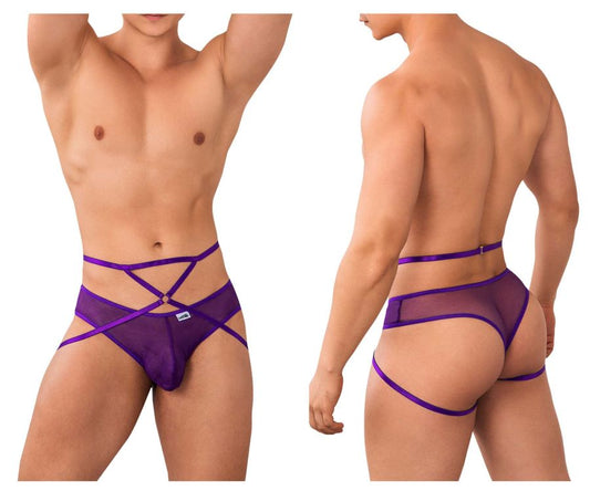 Purple candyMan 99640 mesh briefs with crisscross straps and a small brand tag visible on the front side