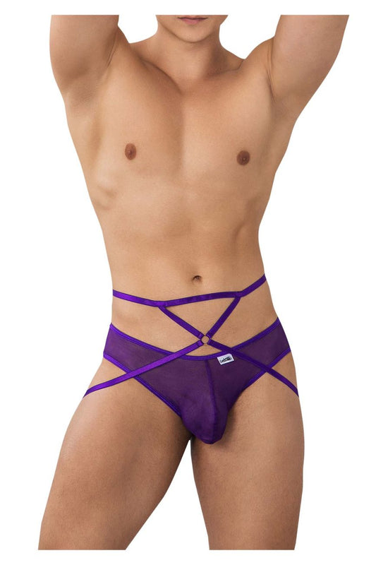 CandyMan 99640 purple sheer mesh briefs with crisscrossing straps and a small brand tag